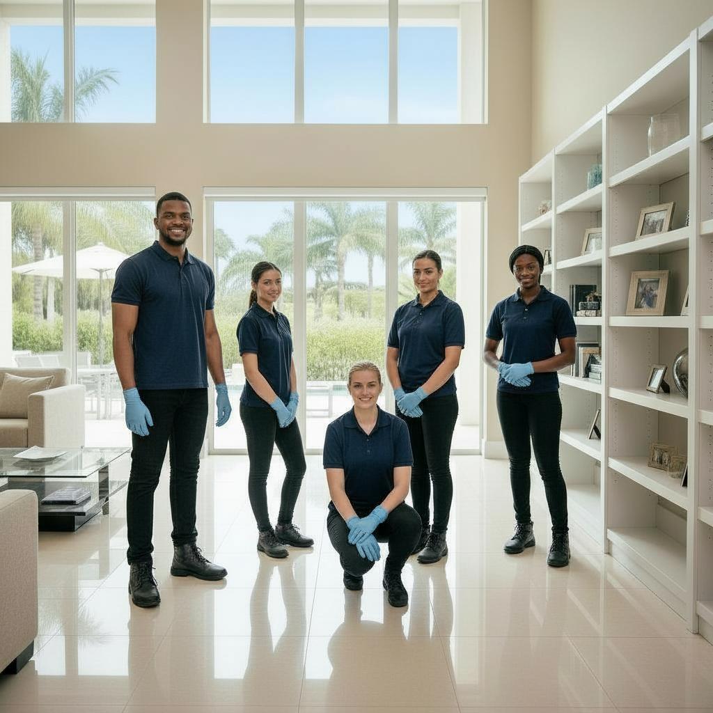 Professional cleaning team inside a residential home